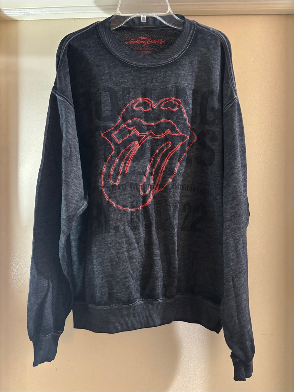 The Rolling Stones Black Washed Crewneck Sweatshirt with Red Tongue Graphic